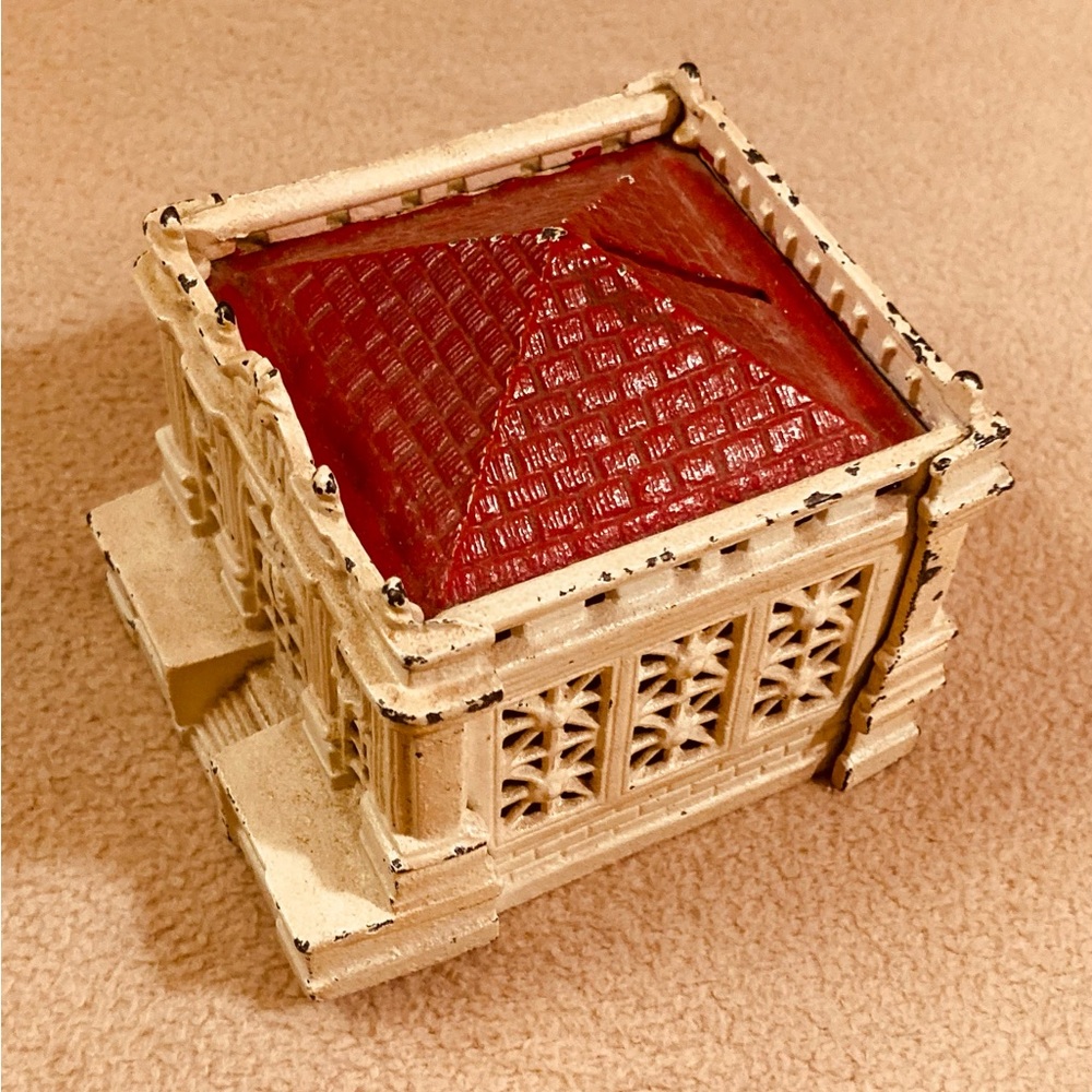 Antique cast iron and metal architectural bank, early 20th century cream/red